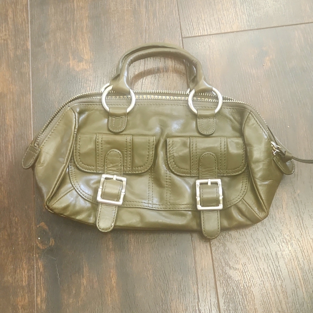 {} DKNY mini handbag olive green leather top zip purse 90s vintage barrel bag